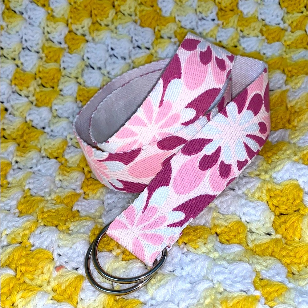 Floral Coastal Woven Fabric Belt with D Ring Buckles Adjustable Pink Mauve White